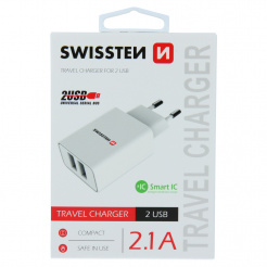  SWISSTEN sieťový adaptér 2x USB, 10 W, SMART IC – white 
